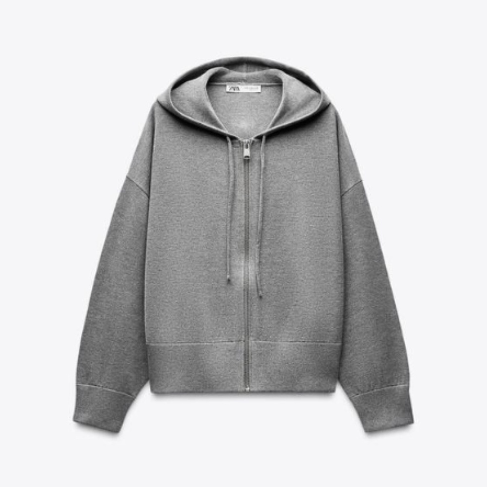 ZARA HOODED KNIT ZIP CARDIGAN SWEATER GRAY NWT SMALL